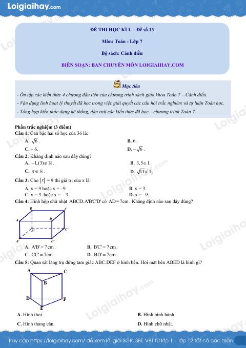 Đề thi học kì 1 Toán 7 Cánh diều - Đề số 13